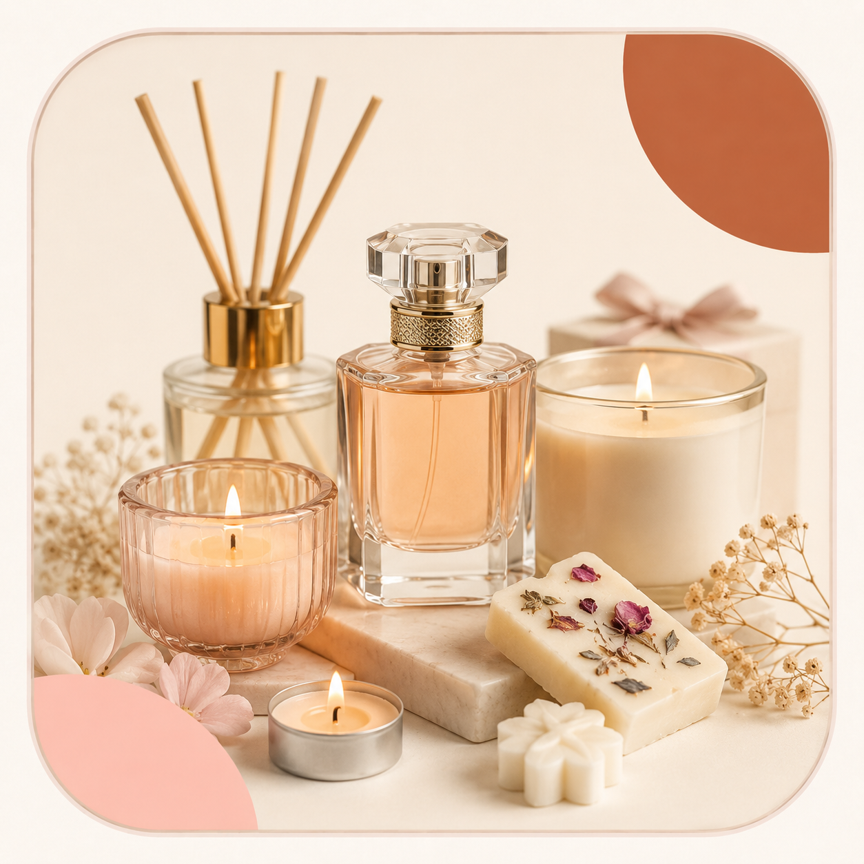 Perfumes and candles for elegant hampers